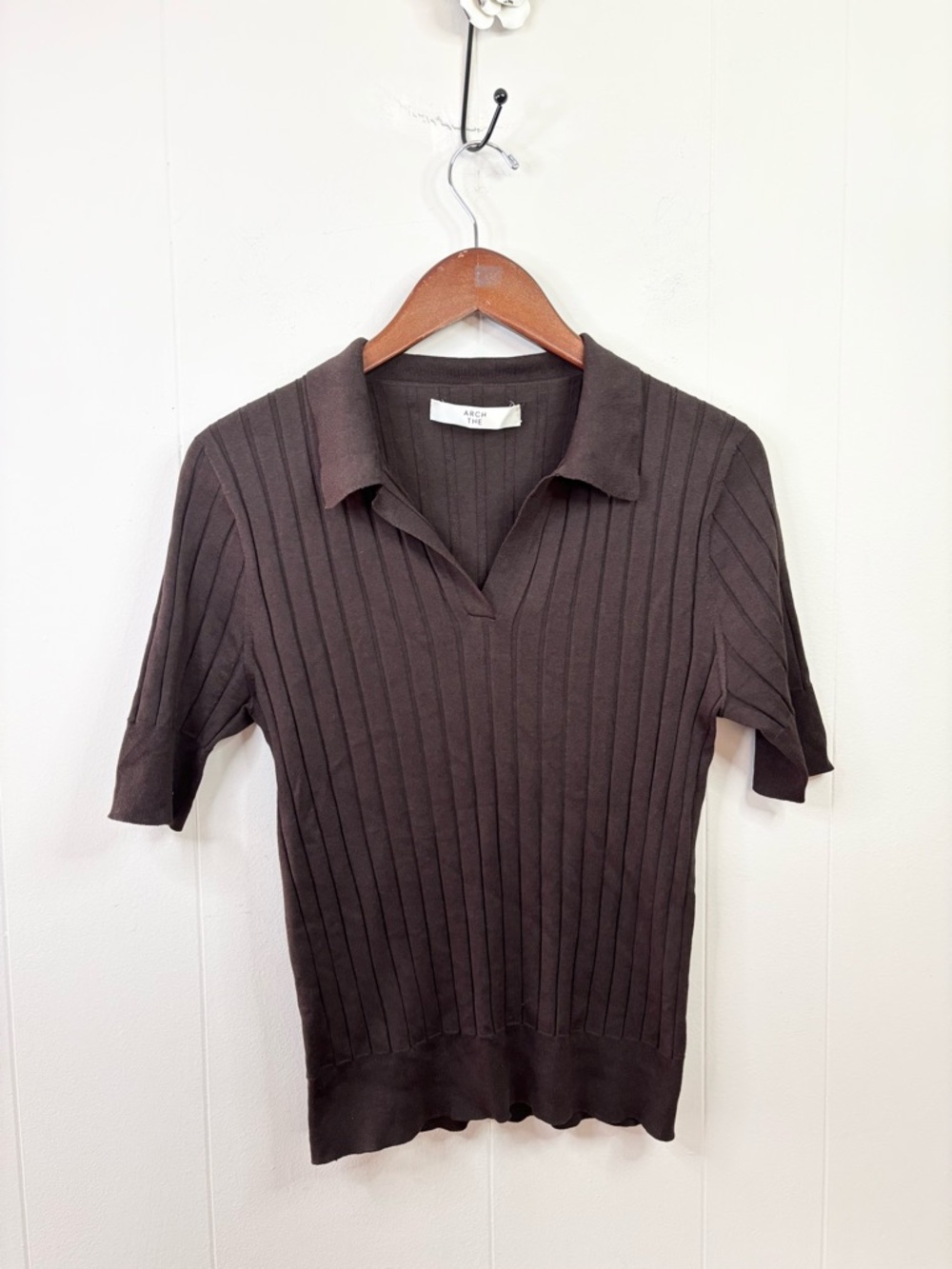 Arch The ribbed knit polo sweater cotton silk chocolate brown size EU 40 US 8-10